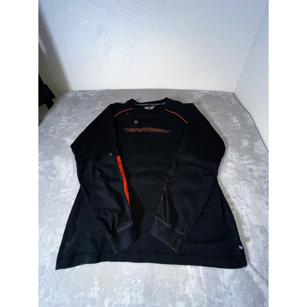 Harley-Davidson Mens Black Orange Embroidered Long Sleeve Biker Shirt Large 2004